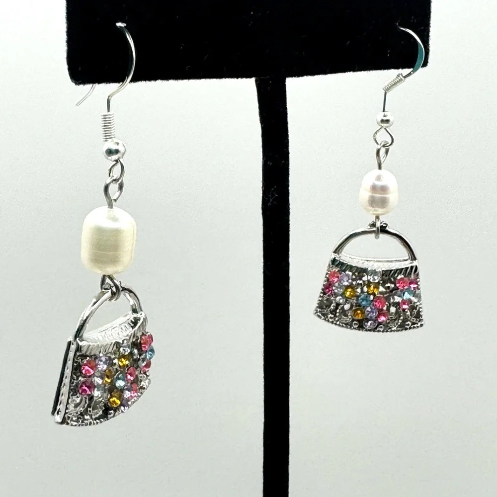 Silver Tone Purse Dangle Charm Earrings NEW